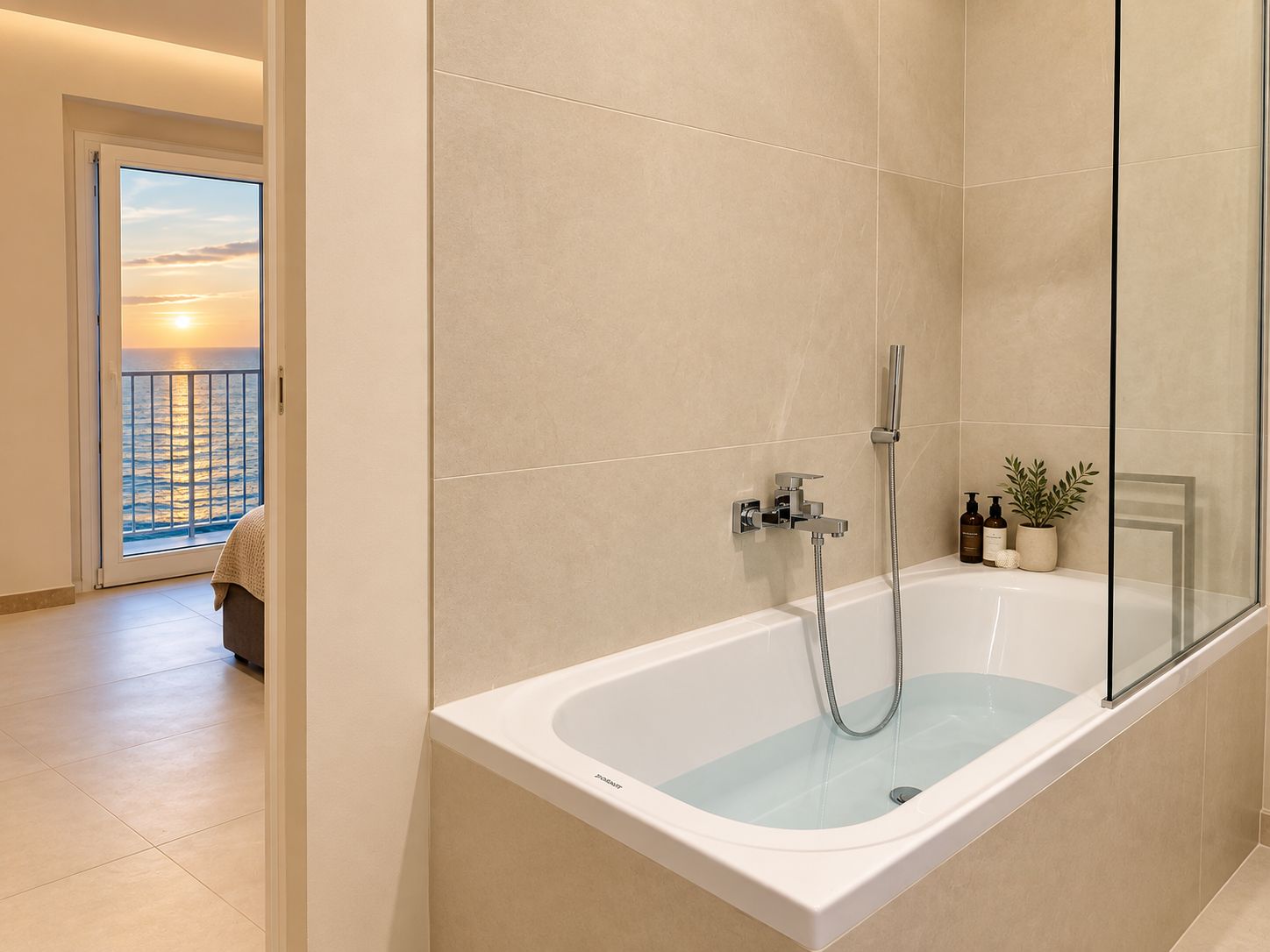 Ein modernes Badezimmer mit einer Badewanne, einer Dusche und einer gläsernen Duschkabine.