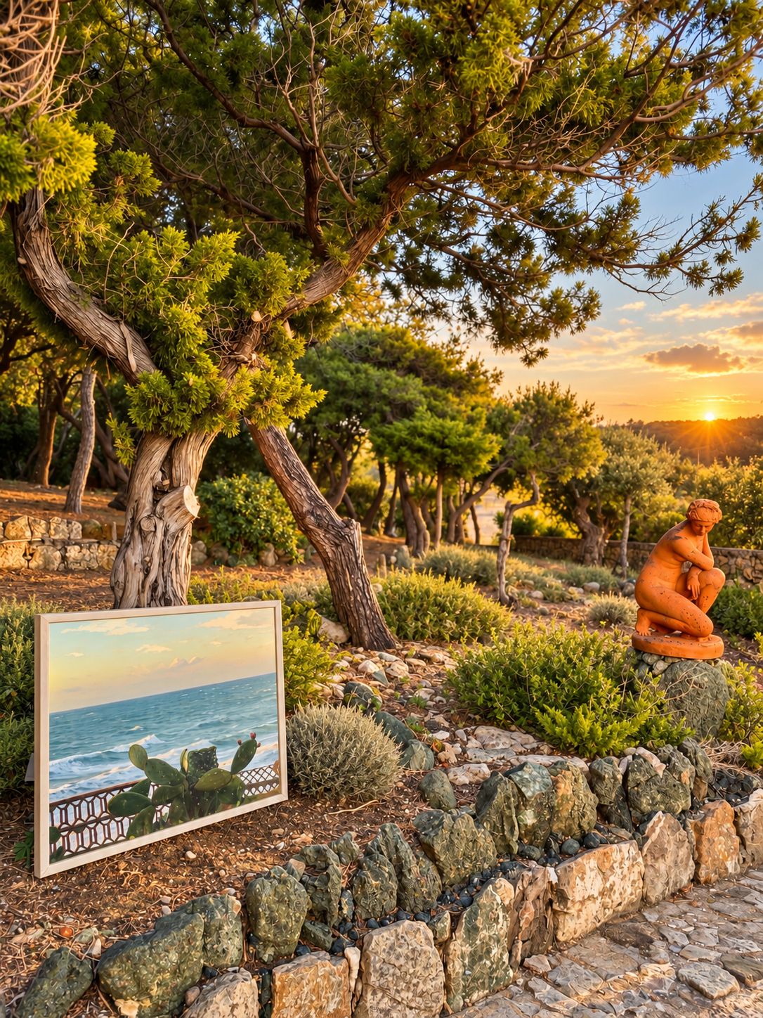 Um jardim com uma estátua, uma moldura com uma imagem e uma bordadura rochosa.