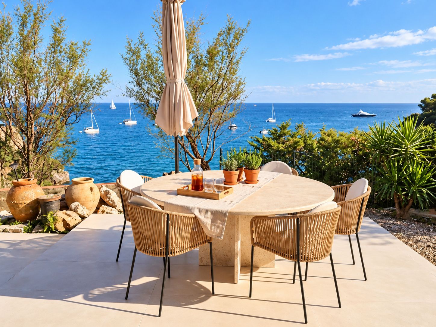 A round table with four chairs, a tablecloth, and a bottle of water, set on a patio overlooking the sea with boats.