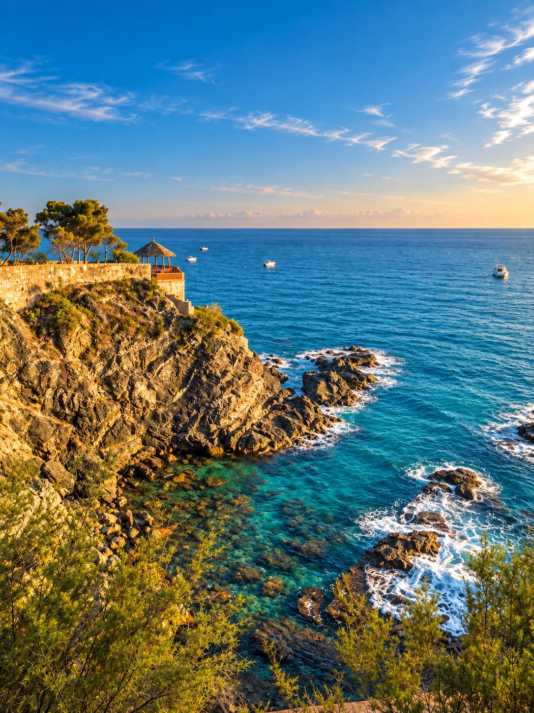 A coastal landscape with rocky cliffs, clear blue sea, and a small structure on the cliff.