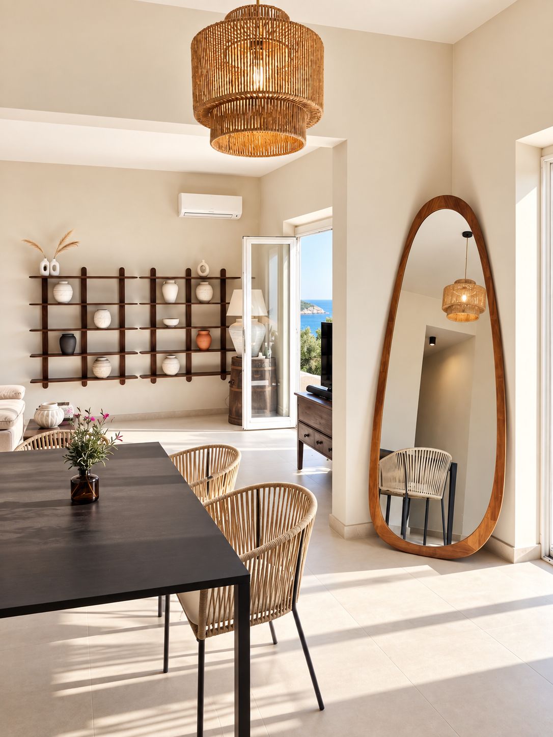 Ein modernes Interieur mit Essbereich, Korbstühlen, einem großen Spiegel und Blick durch eine Glastür.