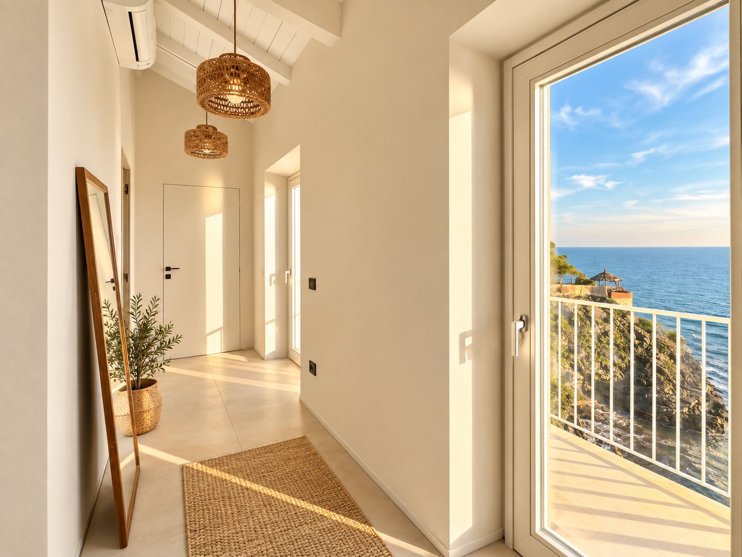 Un couloir donnant sur la mer, un balcon avec une balustrade et un tapis en fibres naturelles sur le sol.