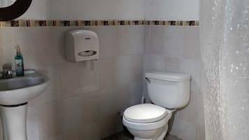 Een douche, handdoeken, zeep, toiletpapier