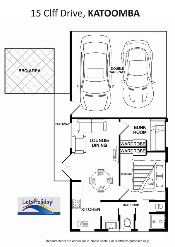 A floor plan of a 15 Cliff Drive, KATOOMBA hotel with a BBQ area, lounge/dining, kitchen, bathroom, and bunk room. - Cedar Rest Studio (Katoomba)