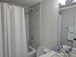Hair dryer, towels, soap, toilet paper