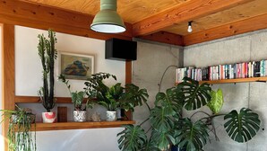 A cozy room with a wooden ceiling, a round wooden table, a blue sofa, and a bookshelf filled with books. - 'The Dogbox' Architectural home in Central Whanganui. (Whanganui)