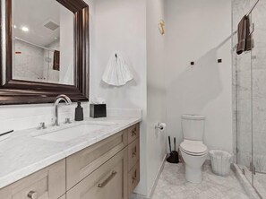 Un bagno moderno con un ampio specchio, un lavandino, un water e uno spazio doccia.