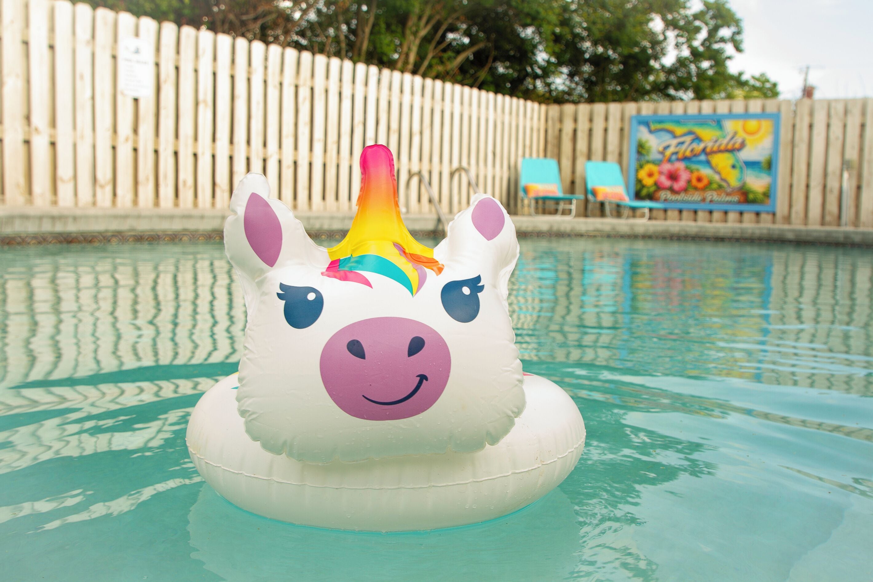 A pool with a unicorn float.