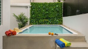 Une petite piscine extérieure avec un bord carrelé, entourée d’une terrasse en béton.