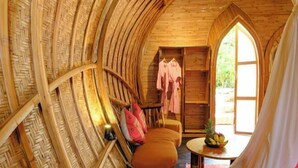 A rustic, curved wooden interior with a bench, a small table with fruit, and a wardrobe with hanging clothes.