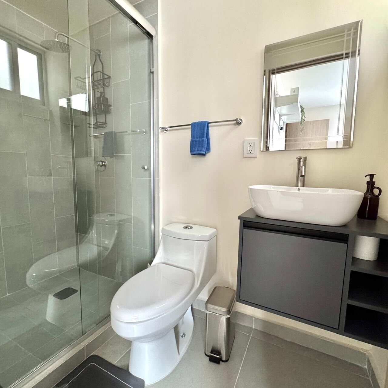 Hair dryer, towels, soap, shampoo