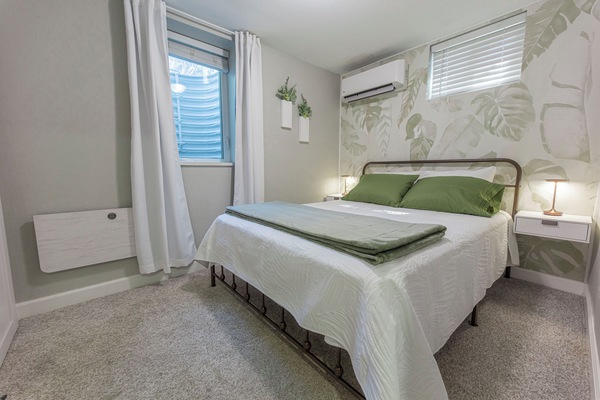 Queen bed (firm mattress)