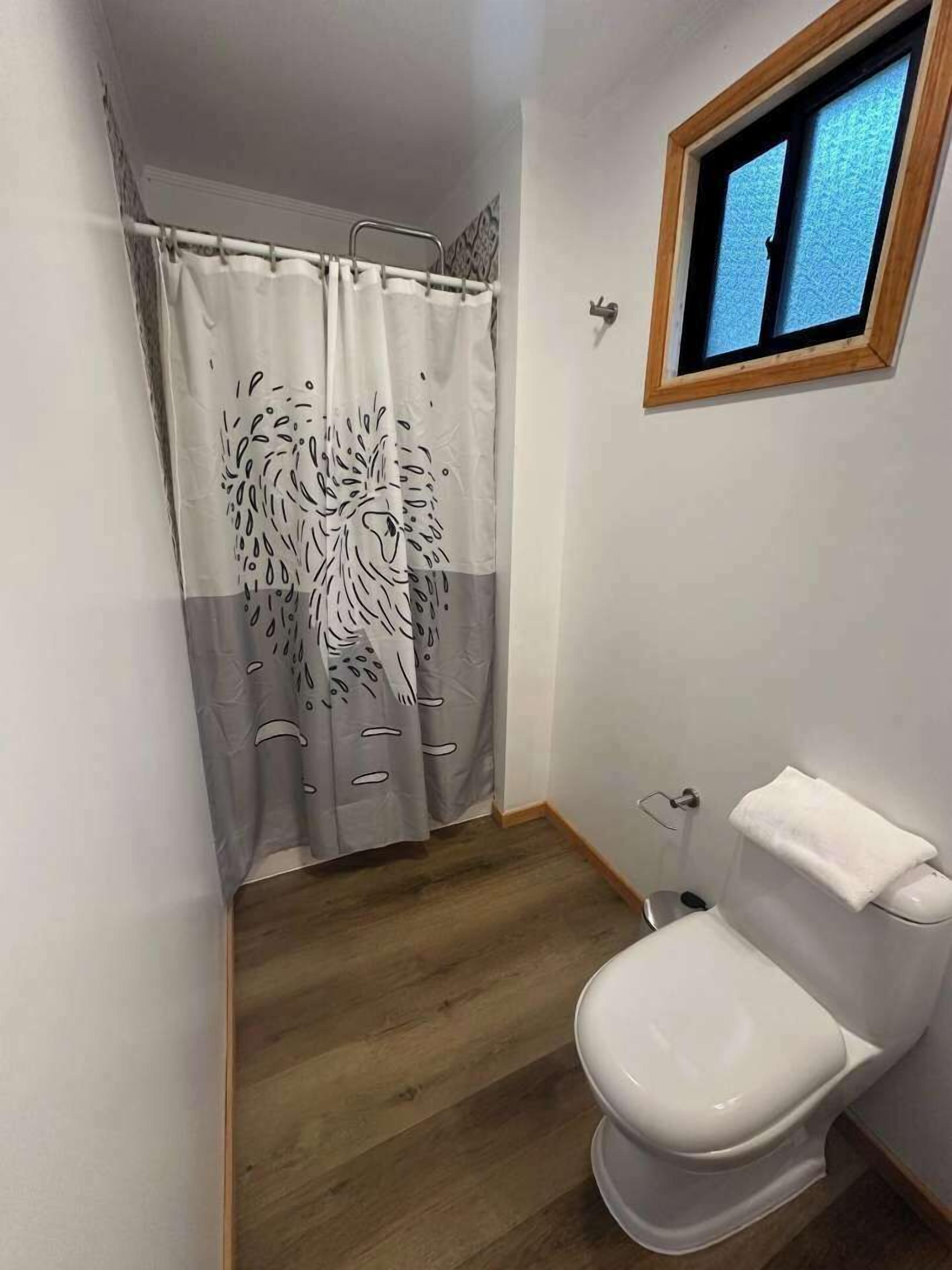 A bathroom with a wooden floor, a white toilet, a shower curtain with a lion design, and a window with a view of the sky.