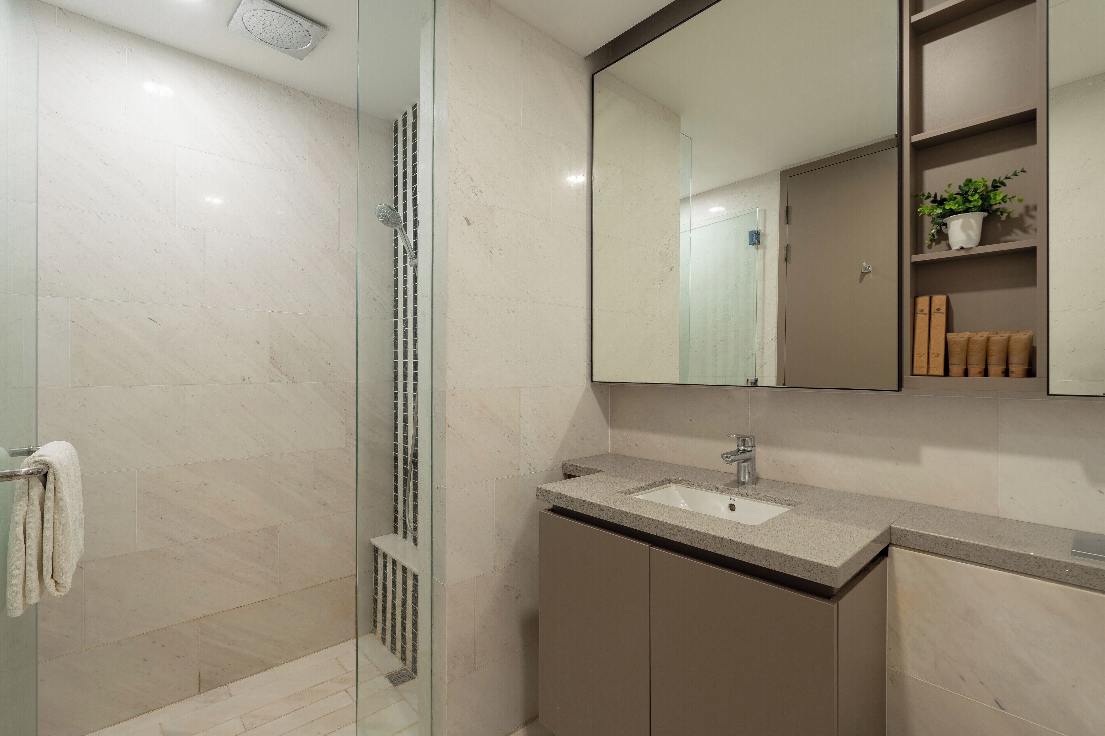 A modern bathroom with a glass shower enclosure, a sink, and a large mirror.