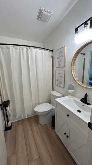 Shower, hair dryer, towels, toilet paper