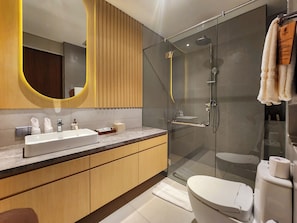 Shower, free toiletries, hair dryer, slippers