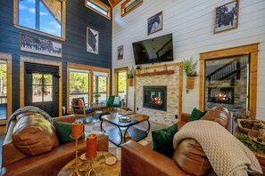 Smart TV, fireplace, books