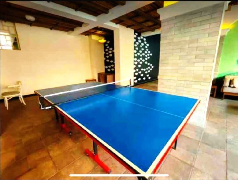Une table de ping-pong dans une pièce dont le sol est en bois et les murs en briques.