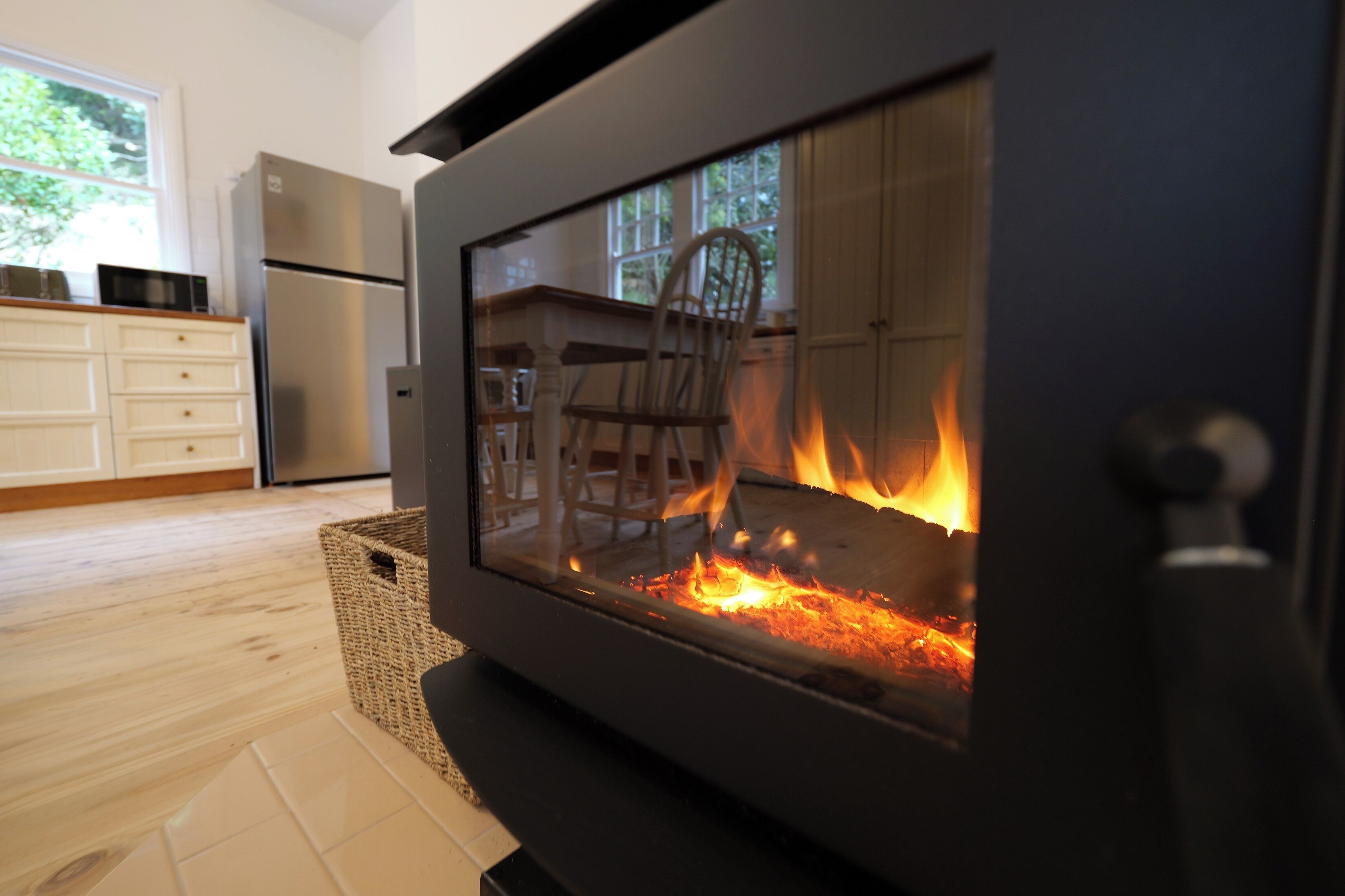 56-inch Smart TV with digital channels, fireplace