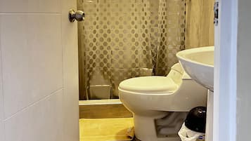 Shower, towels, soap, toilet paper
