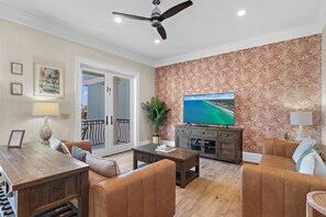 Smart TV, fireplace, video games, DVD player