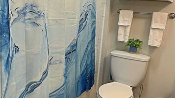 Secadora de cabello, toallas, jabón, papel de baño