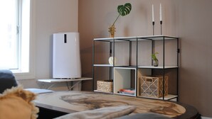 Uma sala de estar com sofá, ar-condicionado branco, estante e janela.