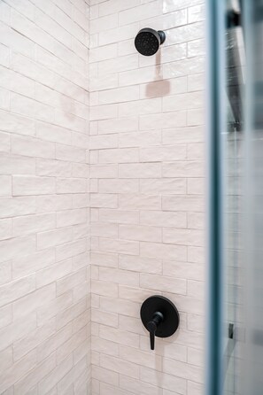 Chuveiro, secador de cabelo, toalhas de banho, shampoo
