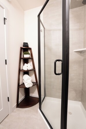 Shower, hair dryer, towels, soap