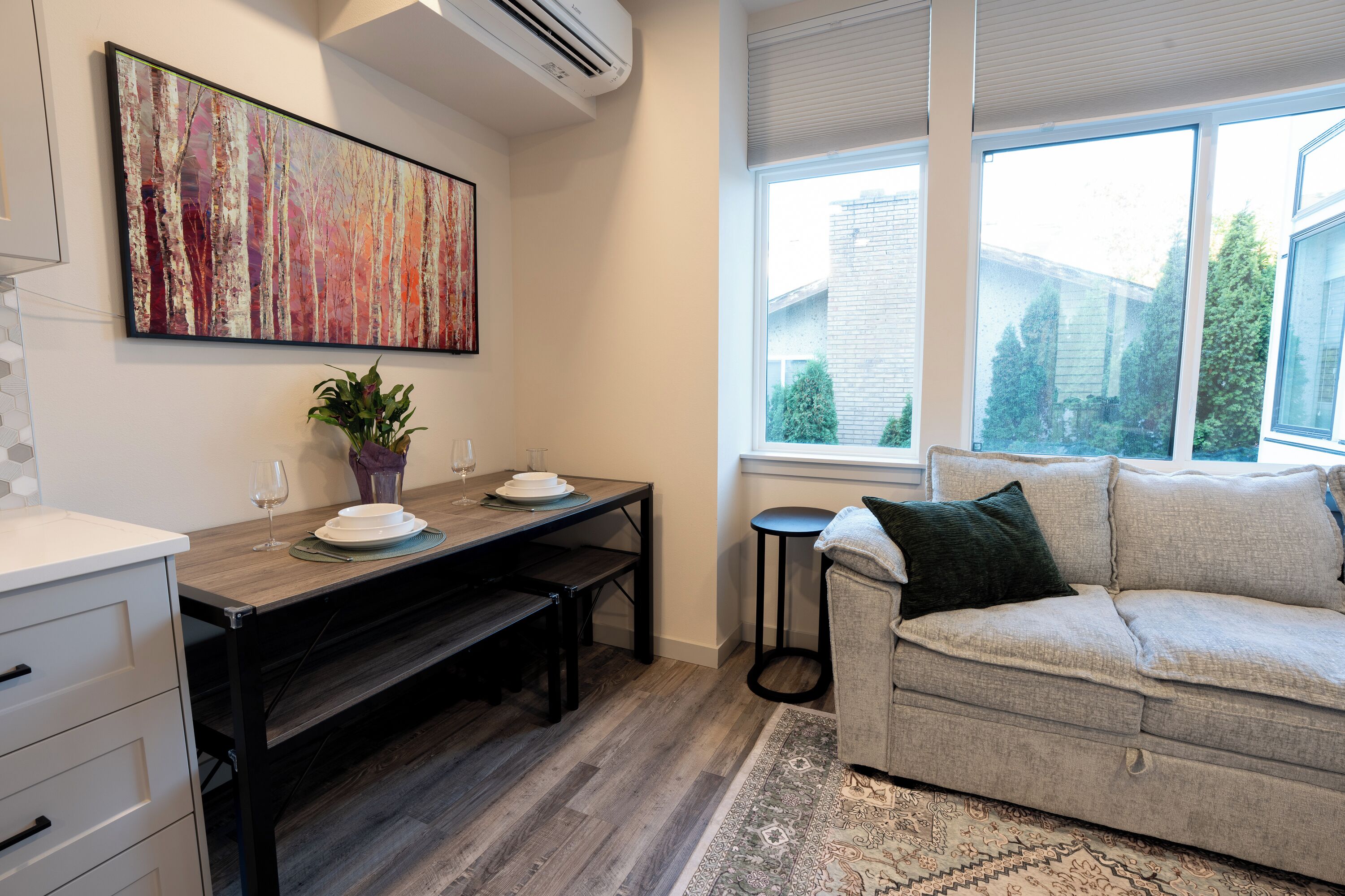 Smart TV, fireplace, books, stereo