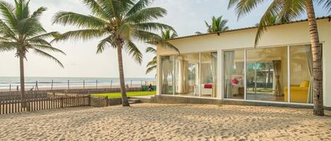 A beachside building with large windows, palm trees, and a sandy beach.