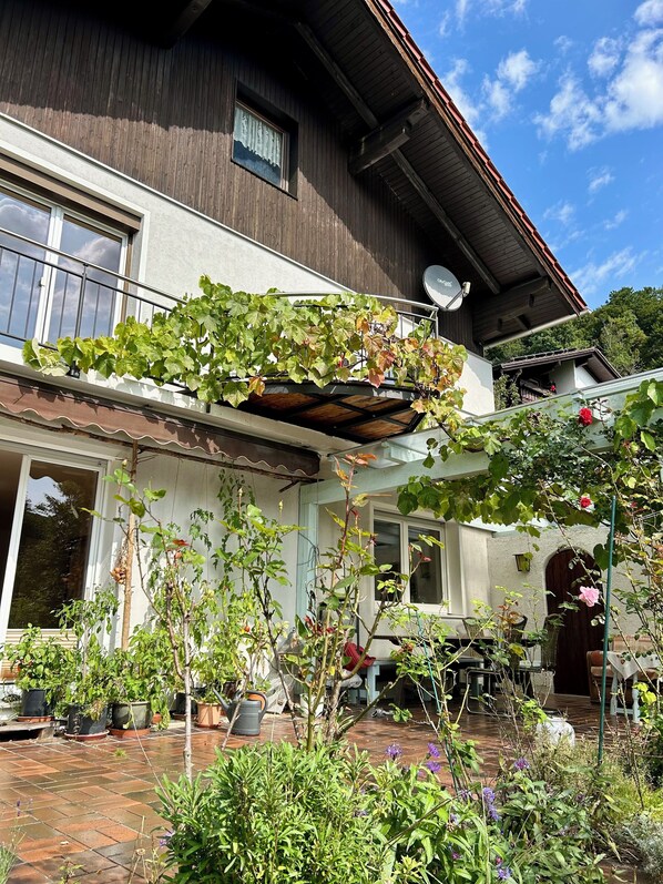 A two-story house with a balcony covered in climbing plants, a satellite dish, and a garden with potted plants and flowers.