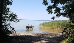 A bench by a calm lake with a bicycle parked nearby.