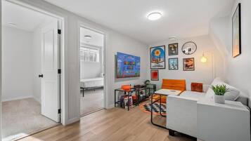 Smart TV, fireplace, video games, books