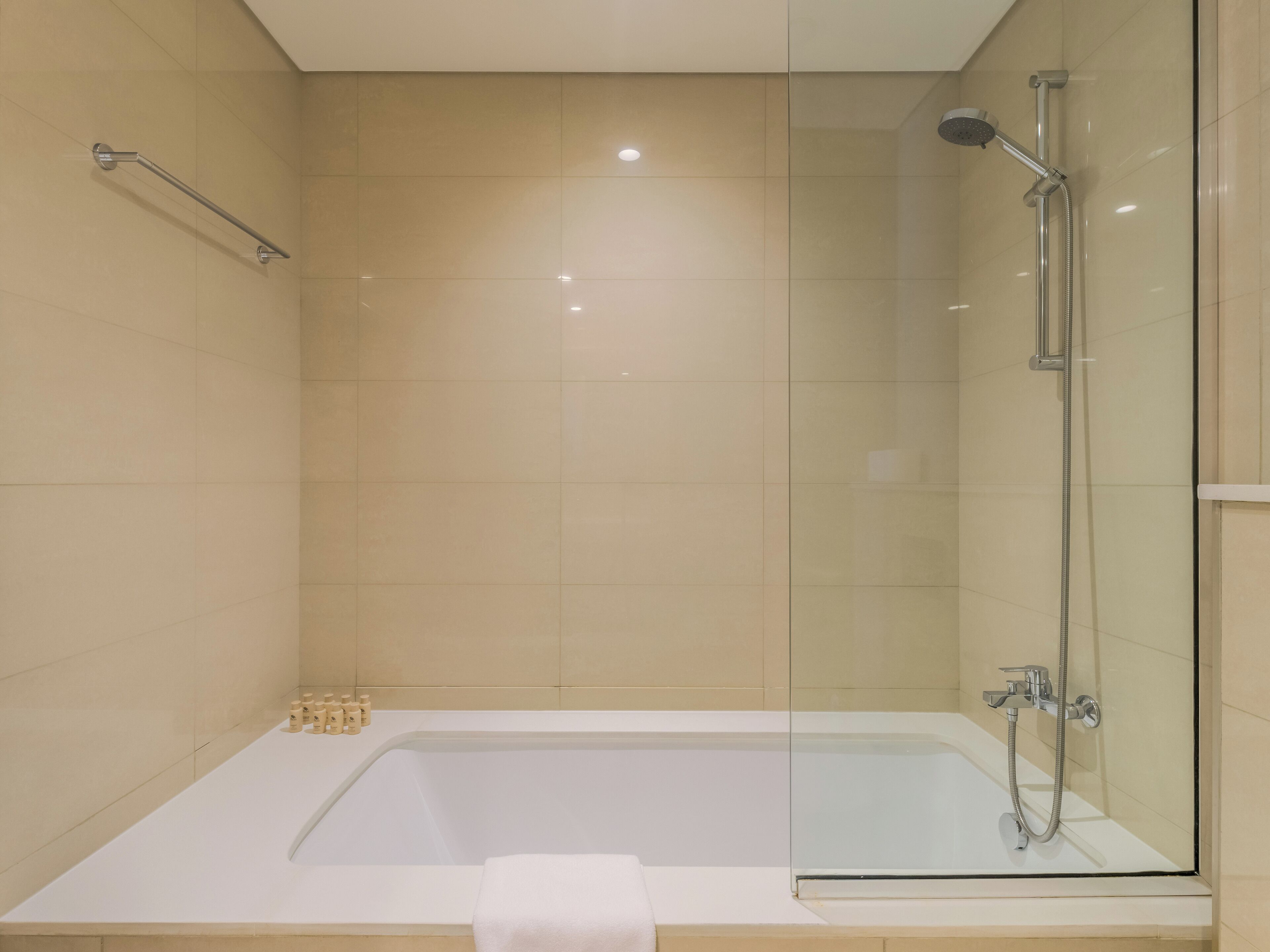 A modern bathroom with a glass-enclosed shower, a white bathtub, and a handrail on the left.