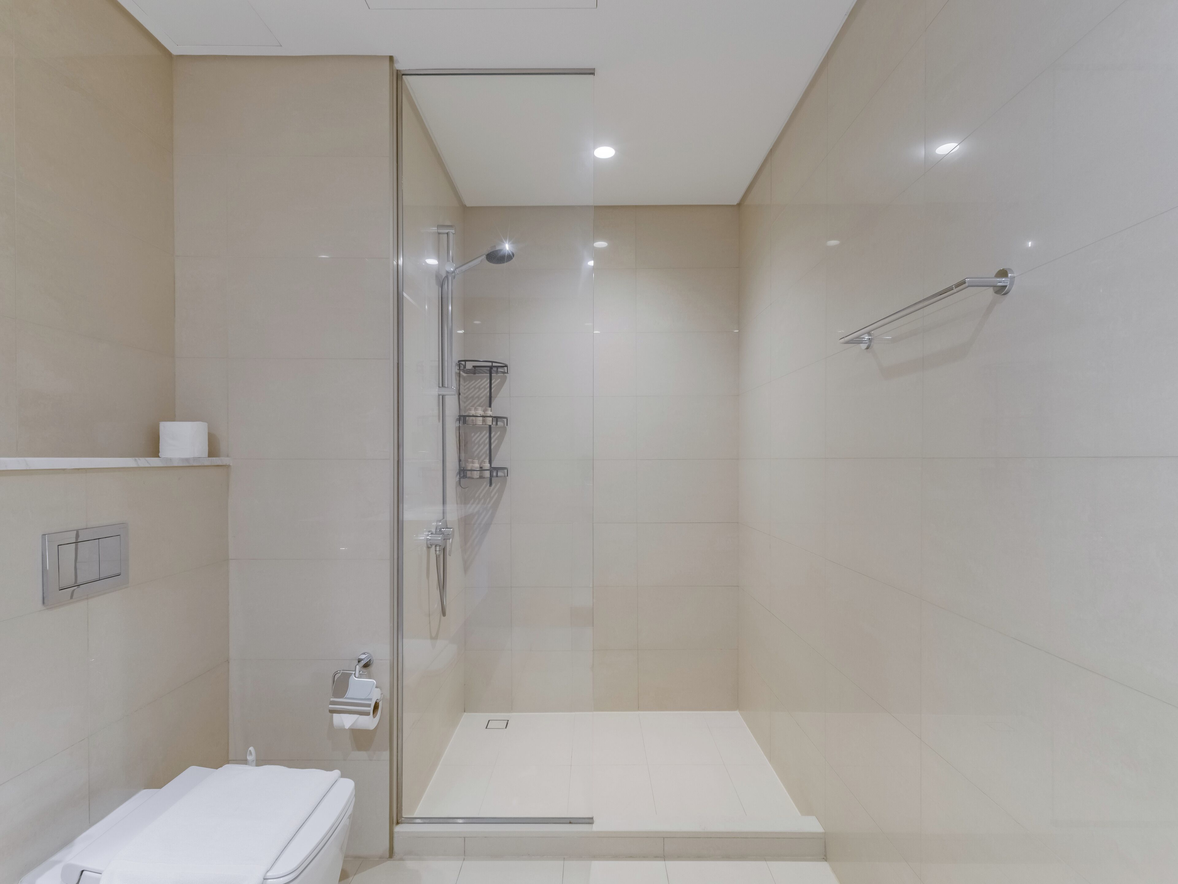 Een moderne badkamer met een douchecabine van glas, een toilet en een wastafel.