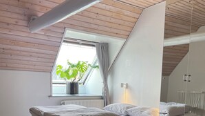 A modern bedroom with two beds, a skylight, a potted plant, and a white radiator. - Apartment in rural idyll (Vamdrup)