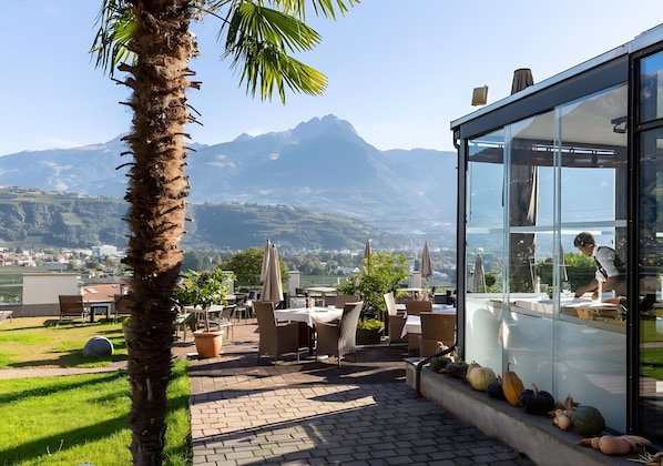 Une terrasse avec des sièges extérieurs, un palmier et une vue sur la montagne.