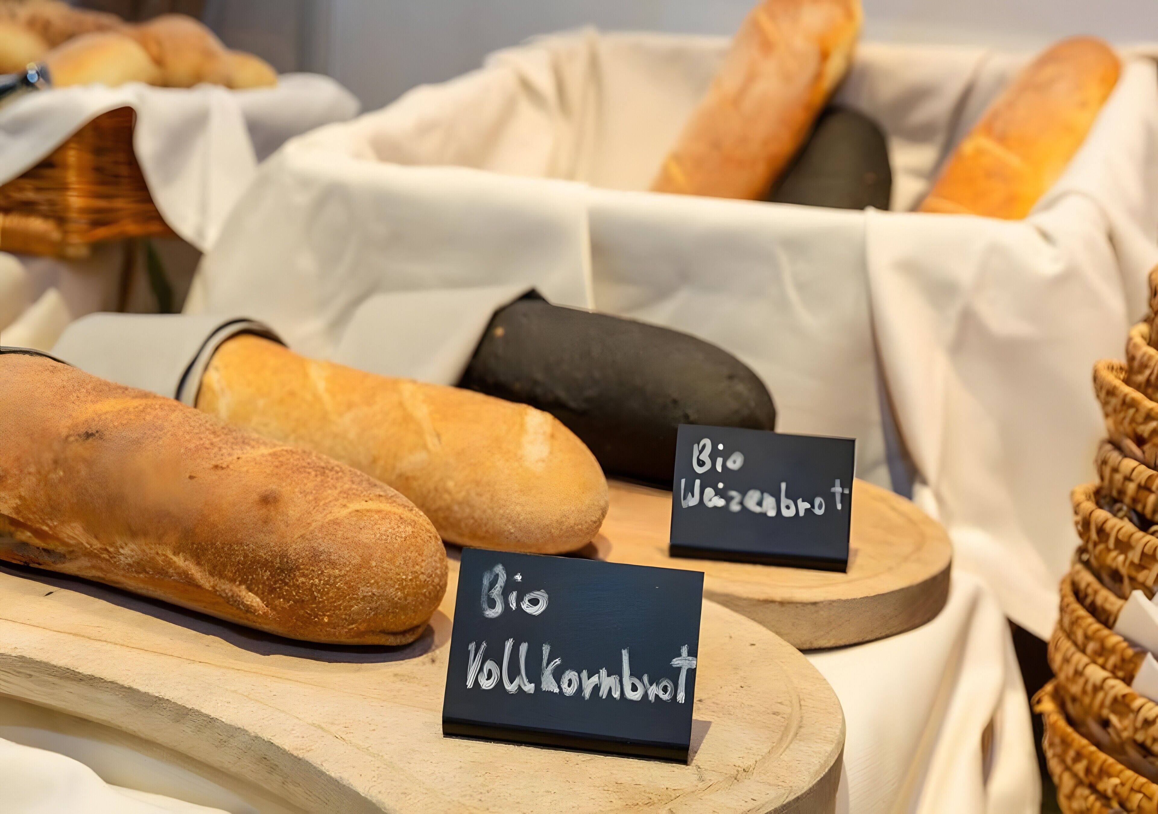 Een presentatie van verschillende broden met labels die de soorten aangeven, zoals 'Bio Vollkornbrot' en 'Bio Weizenbrot'.