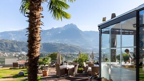 Une terrasse avec des sièges extérieurs, un palmier et une vue sur la montagne.
