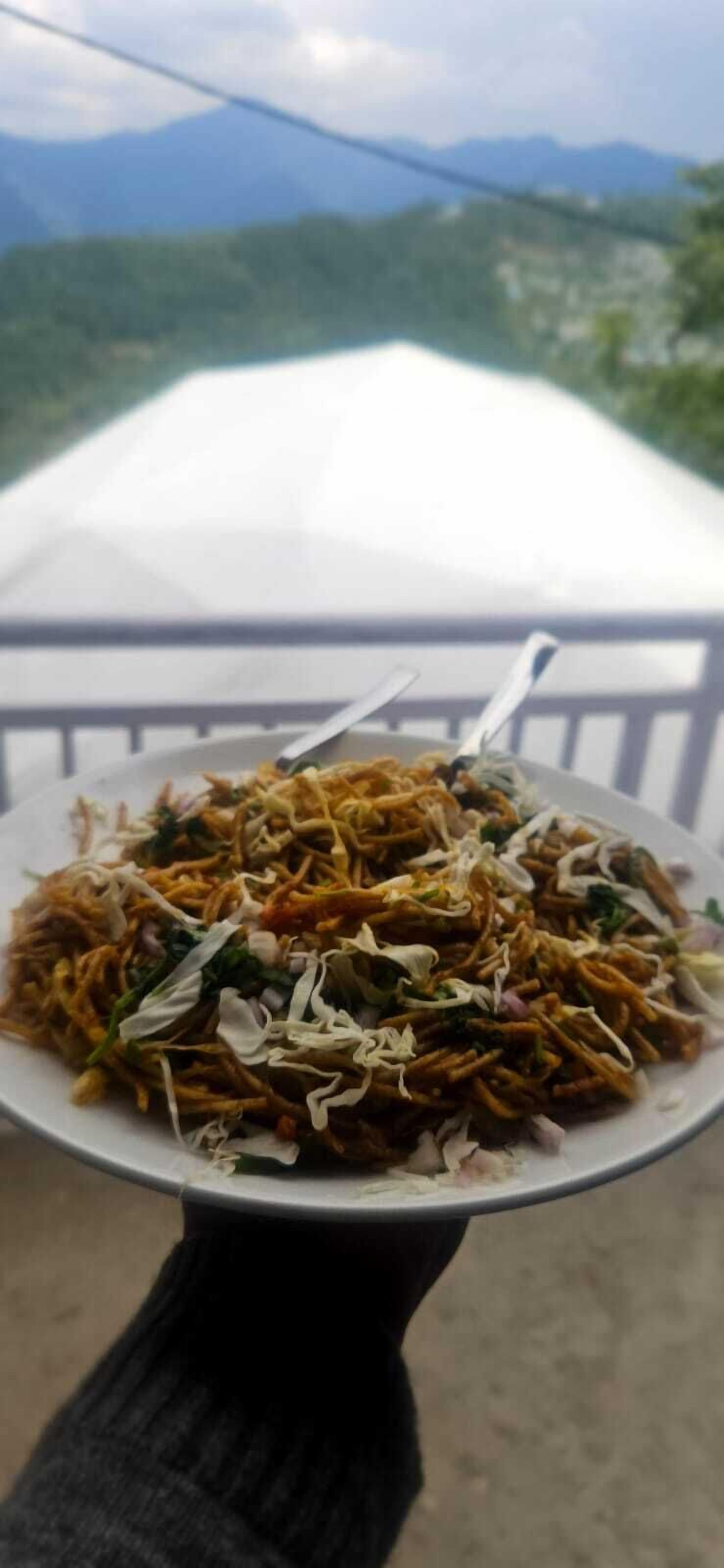 Un plato de fideos y vegetales sobre un balcón con vista a la montaña.