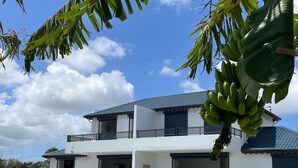 Une maison à deux étages avec une piscine, un patio couvert et un garage.