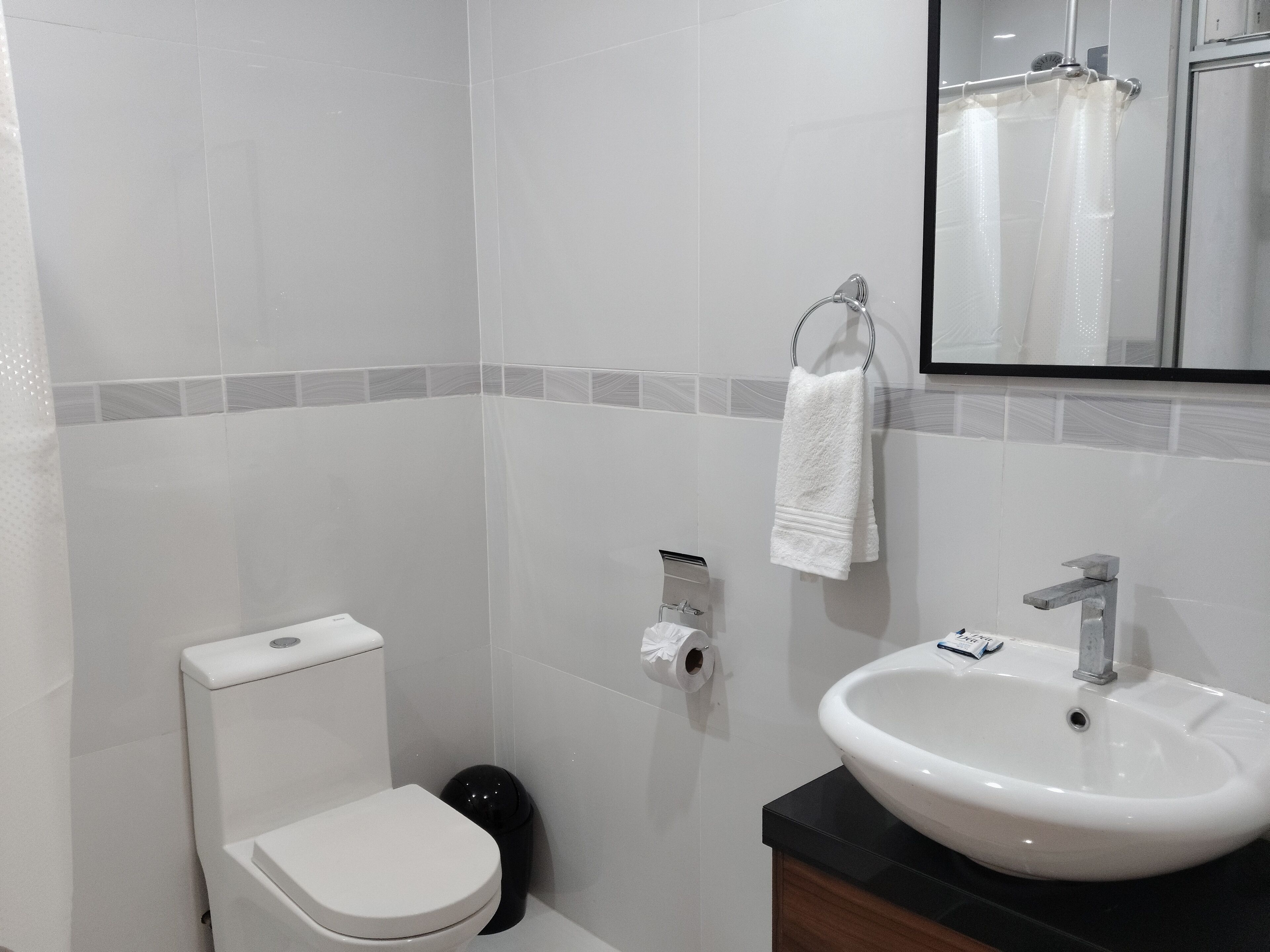 Un baño con inodoro, lavamanos y espejo.