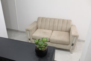 Una planta pequeña en maceta sobre una mesa negra en una habitación con un sofá color beige.