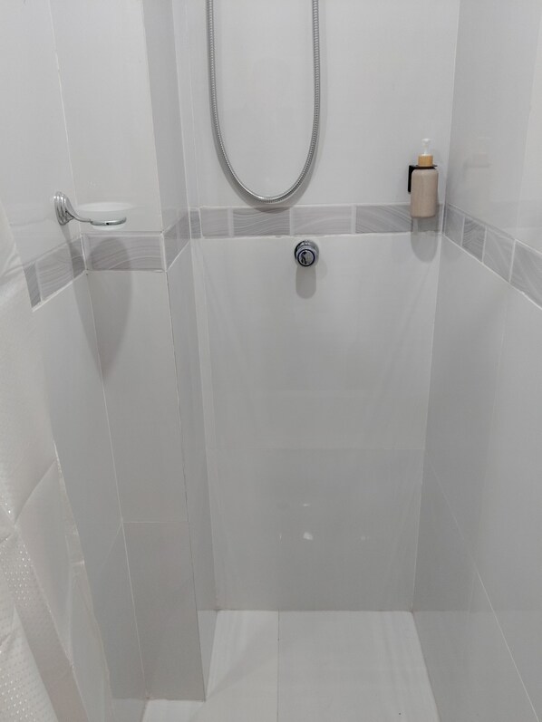Ducha con cabezal de ducha de mano, dispensador de jabón y soporte para papel higiénico en la pared.