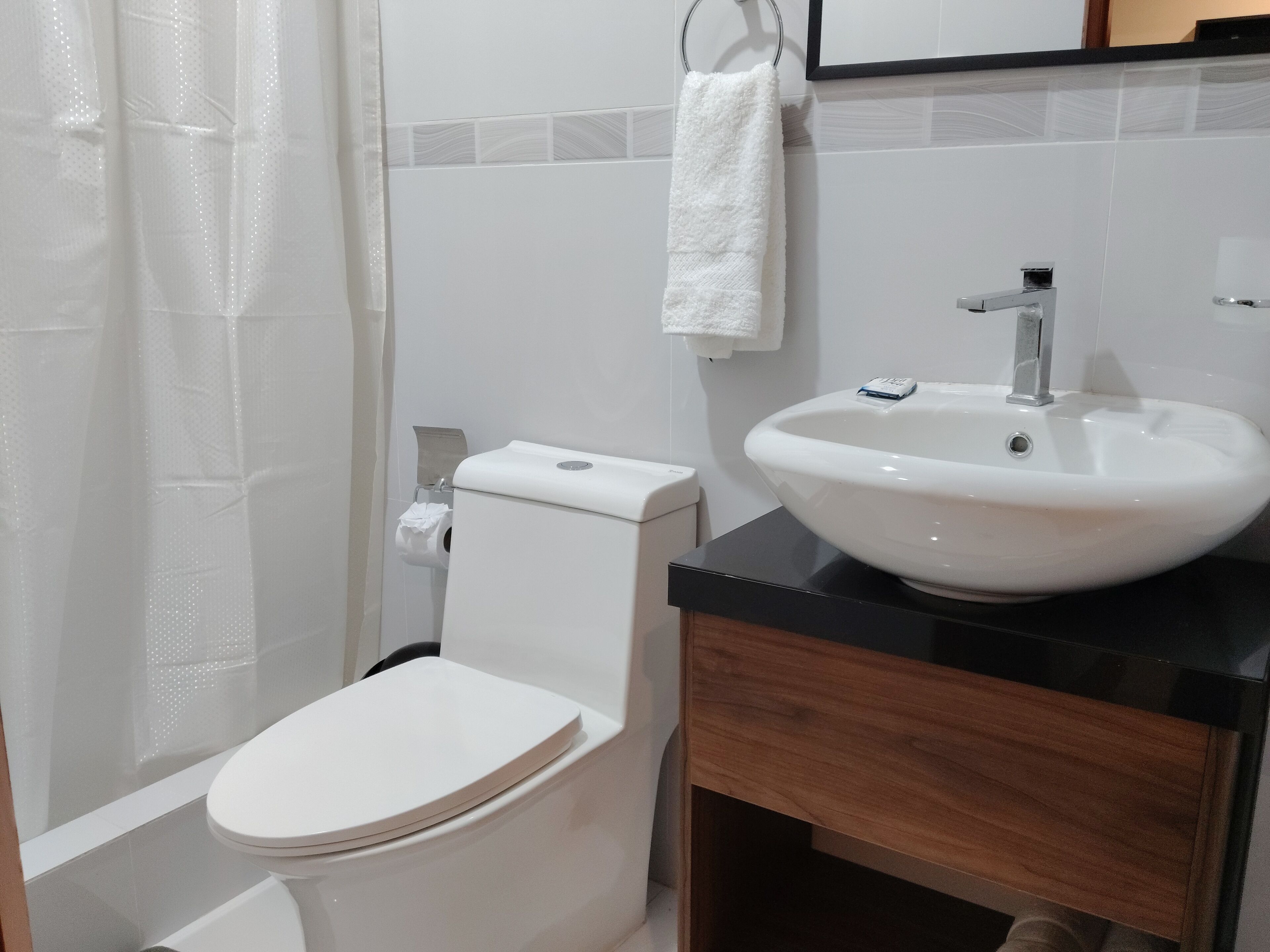A bathroom with a toilet, sink, and shower curtain.