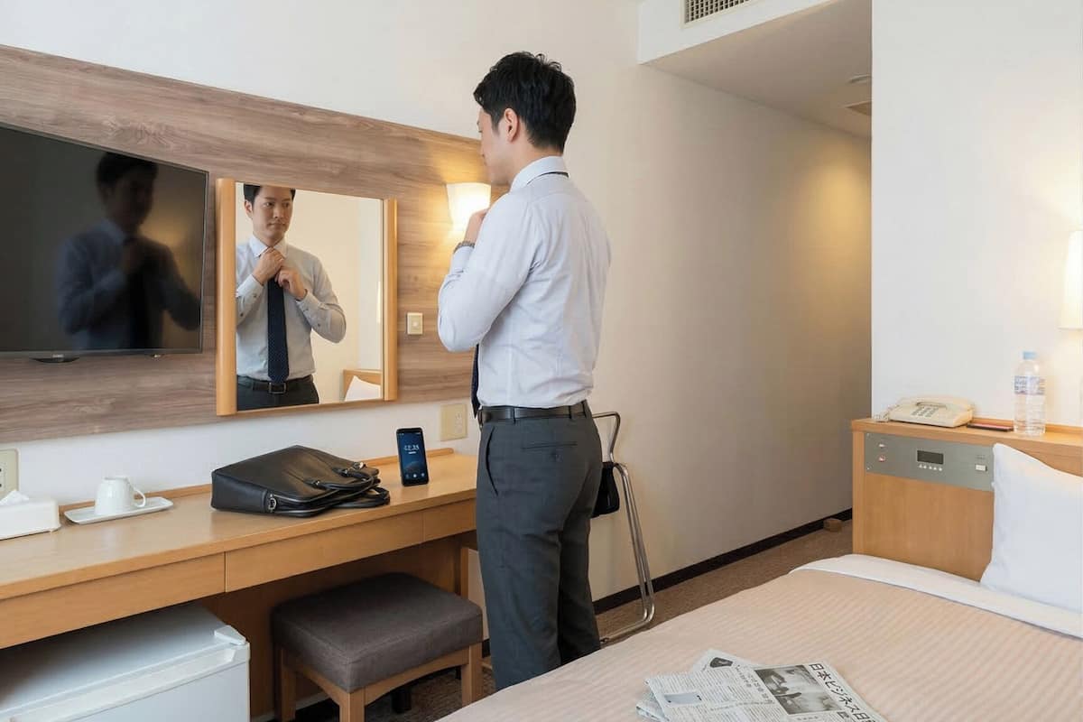 A hotel room with a bed, a desk with a chair, a mirror, a television, a phone, a water bottle, and a bedside table with a lamp.