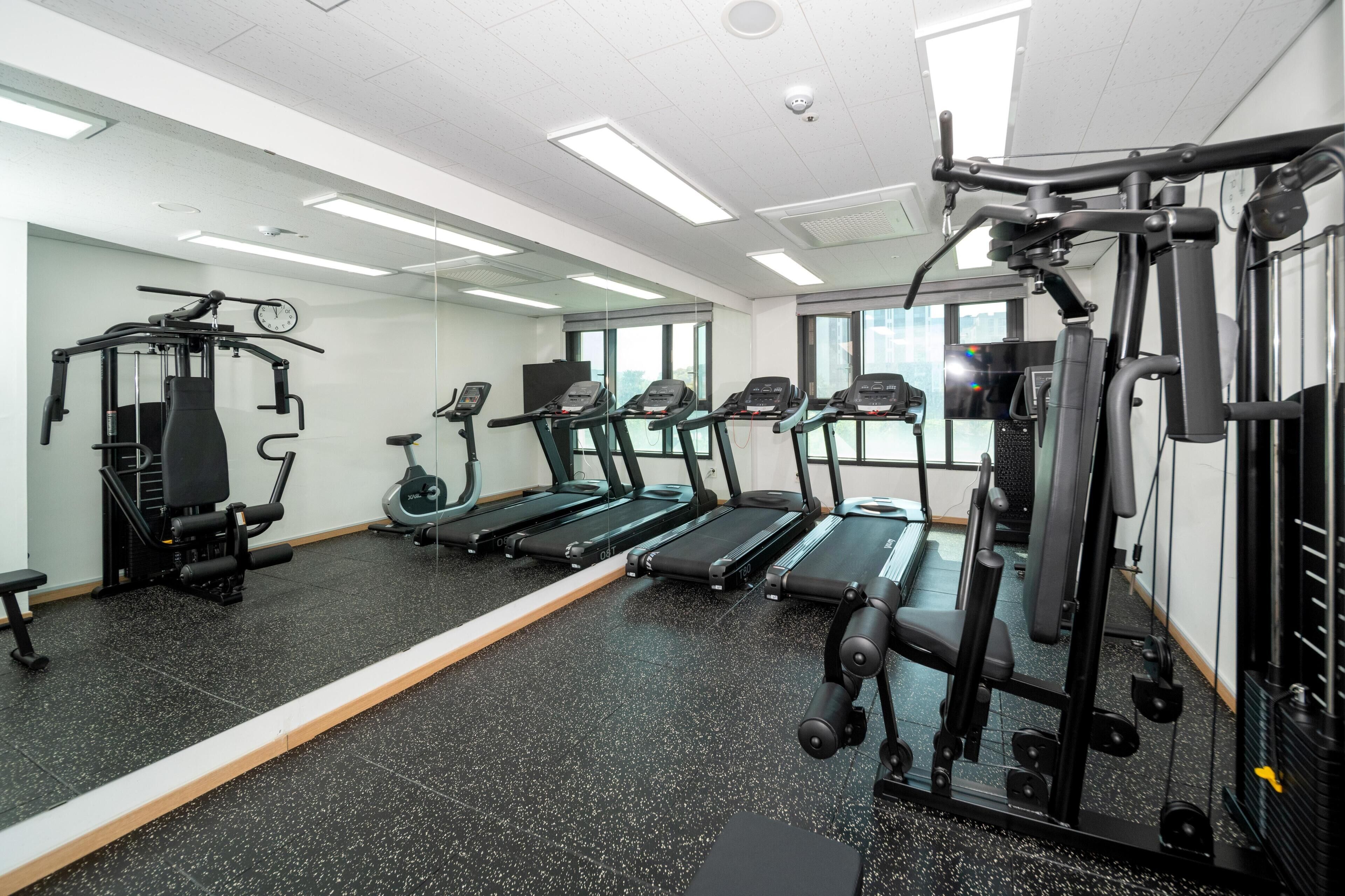 Un gimnasio con cintas de correr, máquinas de pesas y un espejo grande.