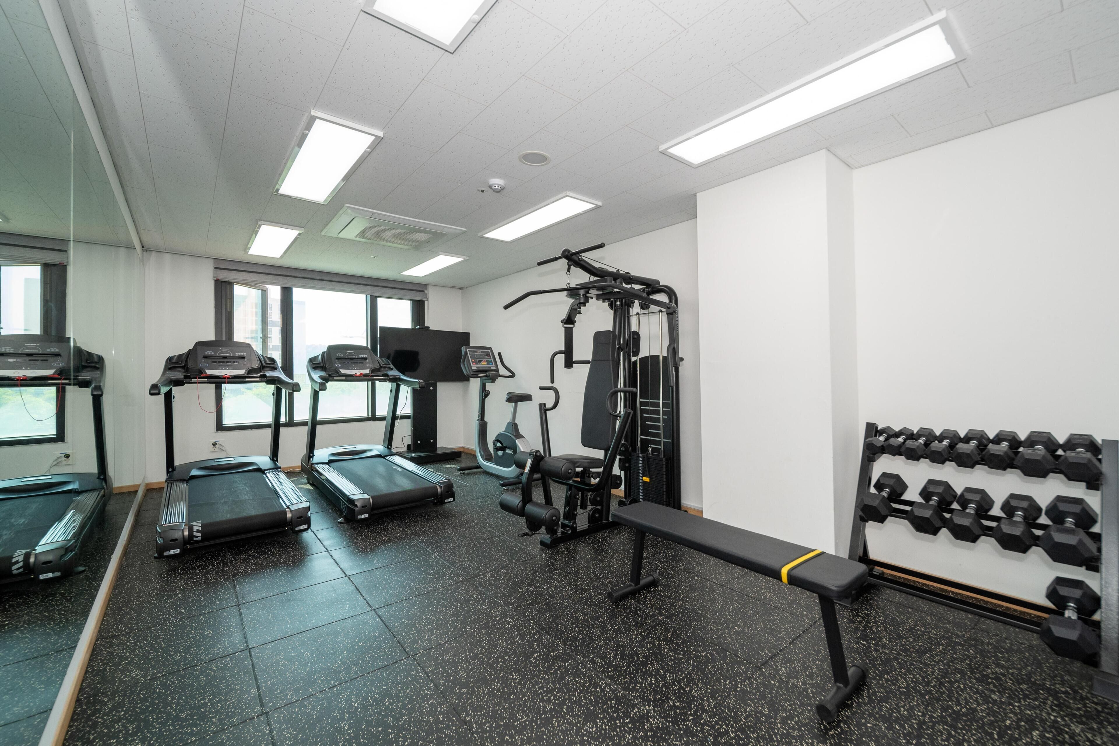 A gym with treadmills, a weight machine, dumbbells, and a bench.
