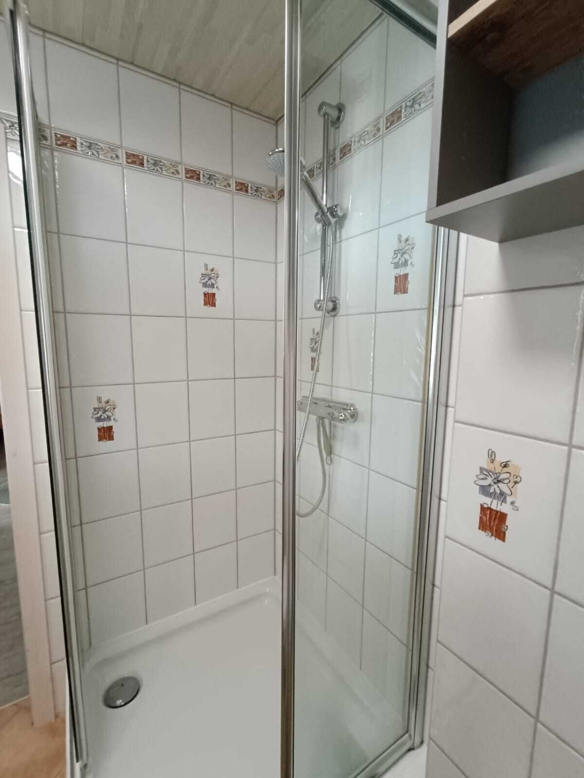 A glass-enclosed shower area with white tiled walls and a small shelf above.